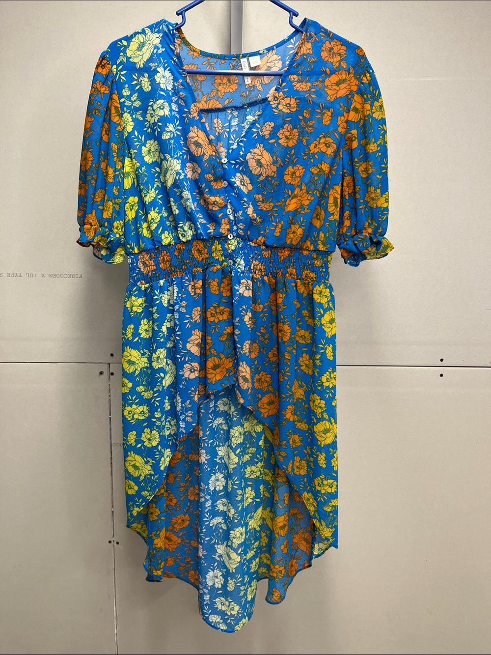 Cato Blue Floral High-Low Dress with Yellow & Orange Blooms Large